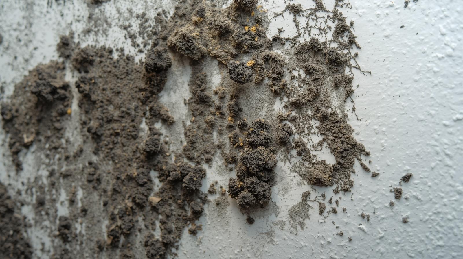 Gros plan sur des spores de moisissures noires sur un mur intérieur, illustrant les risques d'asthme et d'allergies respiratoires.