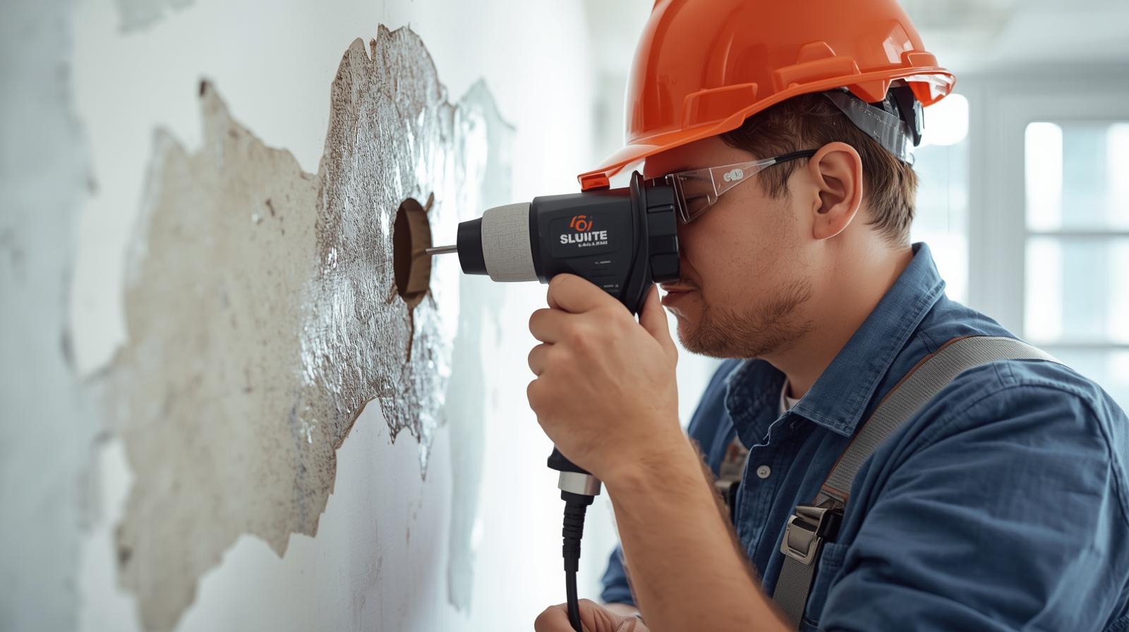Expert en traitement de l'humidité mesurant le taux de saturation d'un mur pour identifier la cause de l'humidité.
