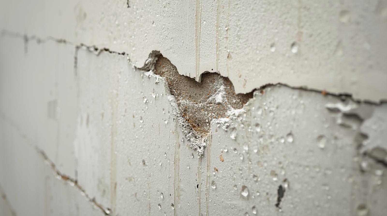Traces d'infiltration d'eau sur le crépi d'une maison au Pays Basque suite à un défaut d'étanchéité.