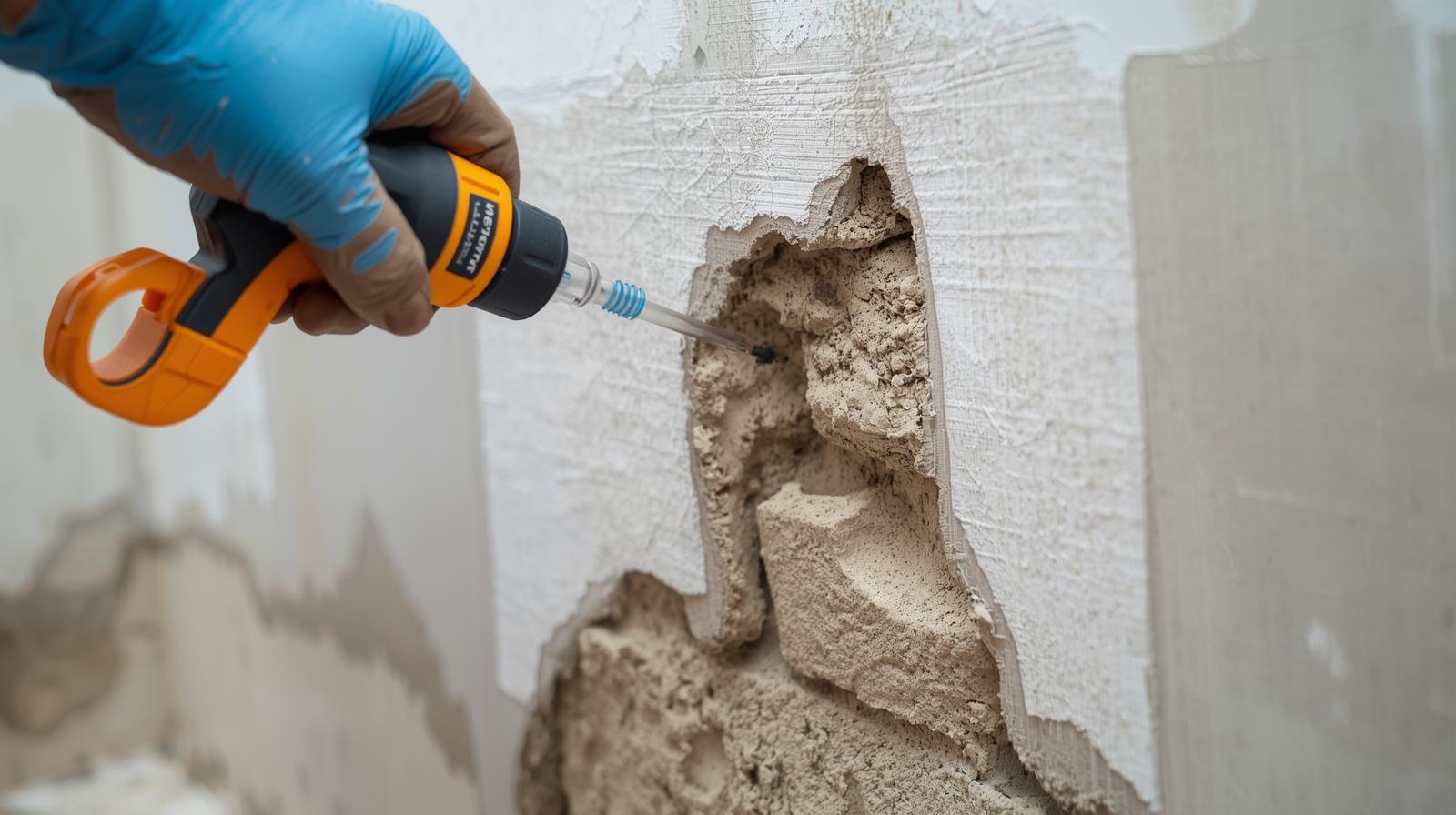 Expert en traitement de l’humidité utilisant un humidimètre professionnel pour diagnostiquer l'origine d'un mur humide.