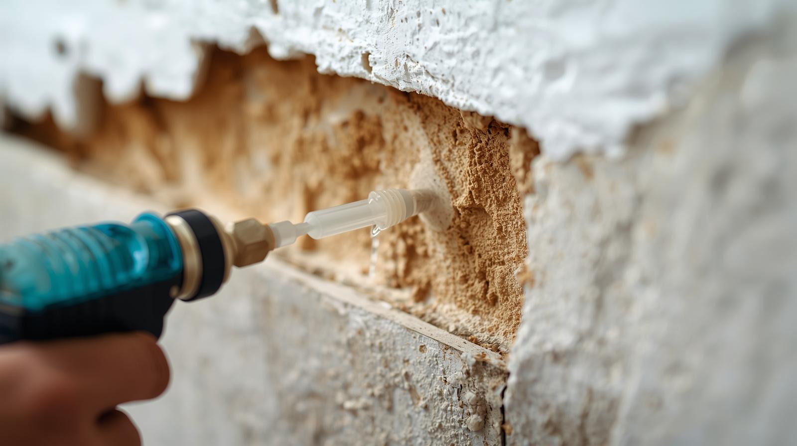 Injection d'une barrière d'étanchéité à la base d'un mur humide pour bloquer l'humidité ascensionnelle.