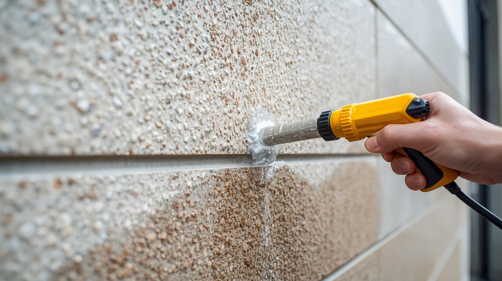 Application d'un produit hydrofuge incolore sur un mur extérieur pour protéger contre les infiltrations d'eau de pluie.