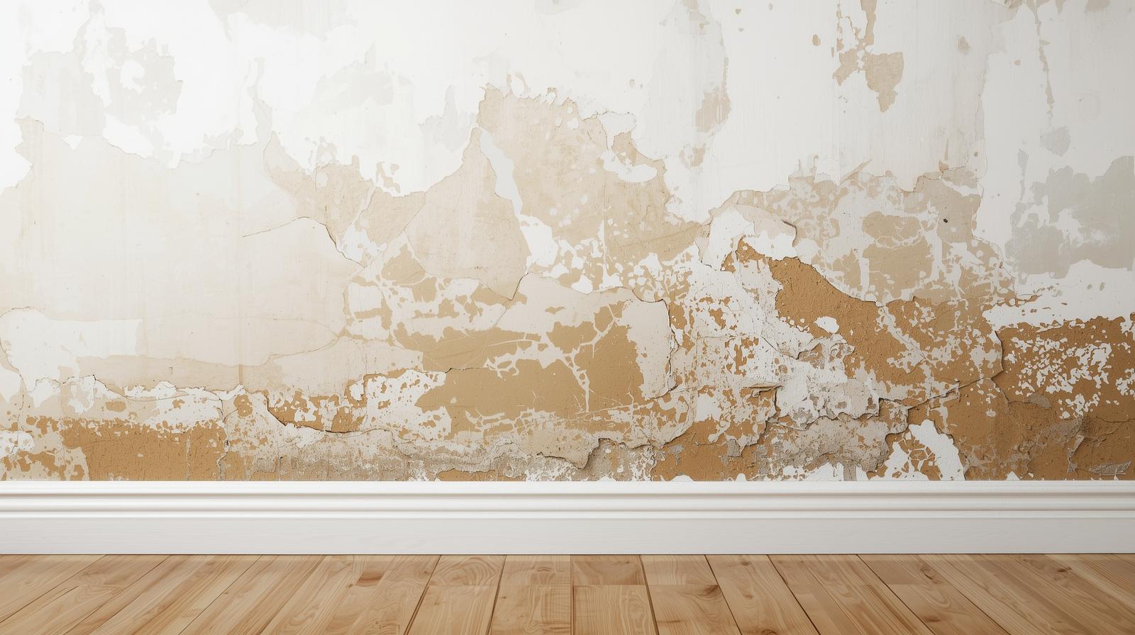 Traces de salpêtre et dégradation de peinture dues à l'humidité dans un salon.