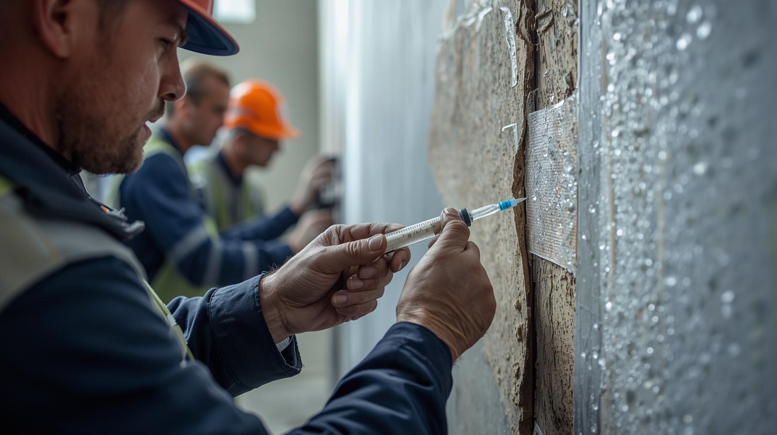 Expert en traitement de l'humidité injectant une barrière étanche dans un mur humide.