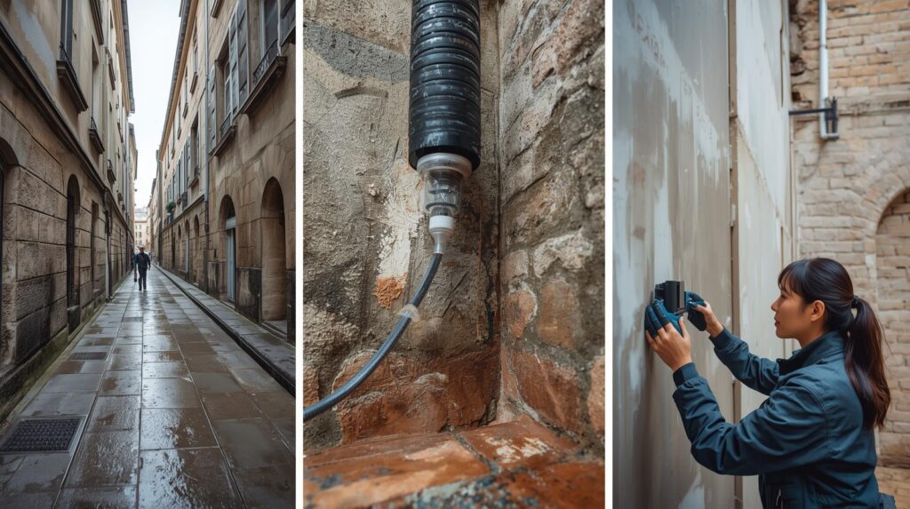 Diagnostic d'un mur humide en pierre dans le centre historique de Bayonne (64).