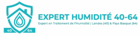 Logo Expert Humidité 40-64, bleu turquoise sur fond blanc, avec l'icône bouclier/maison et le texte : Expert en Traitement de l'Humidité | Landes (40) & Pays Basque (64).