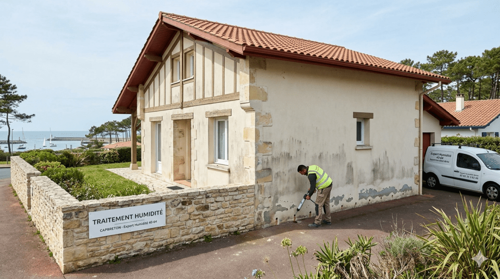 Traitement humidité Capbreton Intervention d'un technicien pour le traitement des remontées capillaires sur une façade à Capbreton.