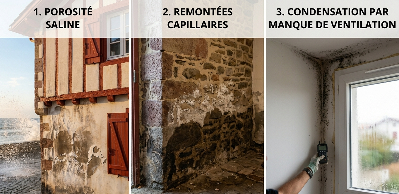 Infographie montrant les 3 problèmes d'humidité à Saint-Jean-de-Luz : éclatement d'enduit par porosité saline, remontées capillaires sur mur en pierre et moisissures de condensation près d'une fenêtre.