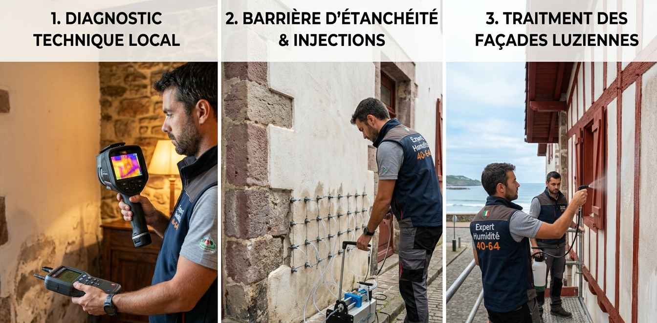 Infographie des 3 étapes du traitement de l'humidité à Saint-Jean-de-Luz : diagnostic à la caméra thermique, injection de résine hydrophobe et application d'hydrofuge façade sur une maison luzienne.