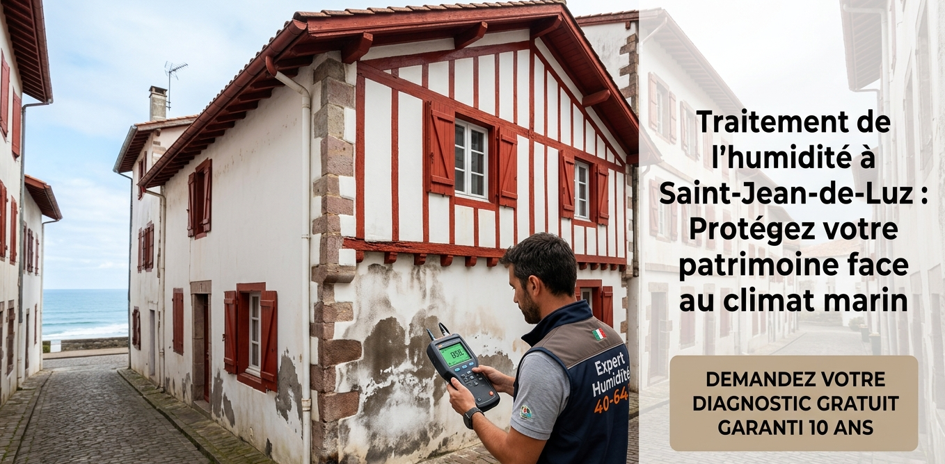 Expert Humidité 40-64 effectuant un diagnostic de remontées capillaires avec humidimètre sur une maison traditionnelle à Saint-Jean-de-Luz face à l'océan.