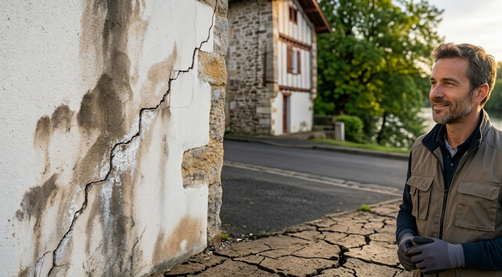 Traitement de l’humidité à Saint-Jean-de-Luz : Expert en humidité analysant des traces de salpêtre et une fissure sur une façade de maison basque à Saint-Jean-de-Luz, avec un sol argileux fissuré au premier plan.