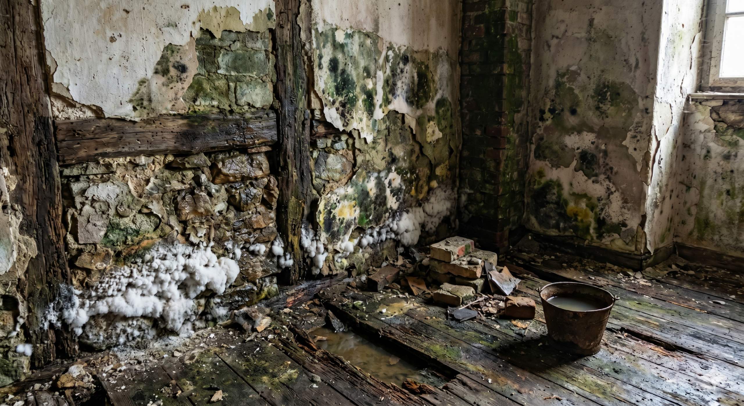 Vue intérieure d'une pièce en rénovation présentant des murs en pierre et bois fortement dégradés par l'humidité, avec présence de moisissures vertes, de salpêtre blanc et un plancher en bois pourri avec de l'eau stagnante.