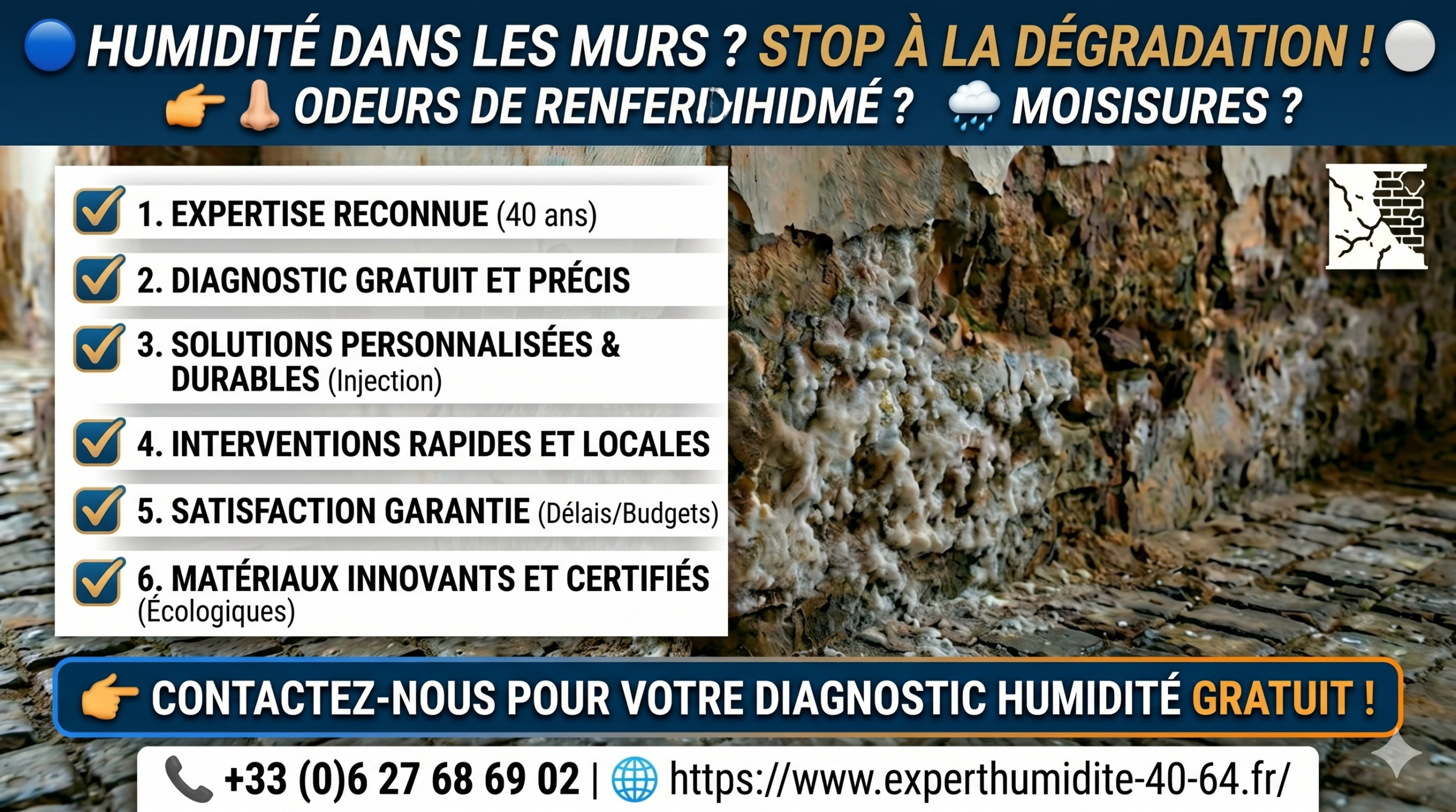 Mur intérieur endommagé par des remontées capillaires avec salpêtre et plâtre écaillé.