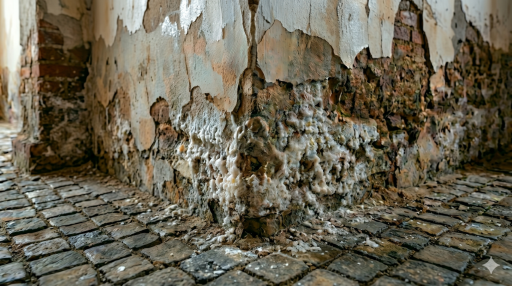 Problèmes d'Humidité à Dax : Close-up sur un coin de mur intérieur ancien dont le plâtre pèle, révélant une maçonnerie en brique et pierre couverte d'un cluster d'efflorescences blanches (salpêtre) et de moisissures claires. Le sol est pavé de cobblestones vieillis.