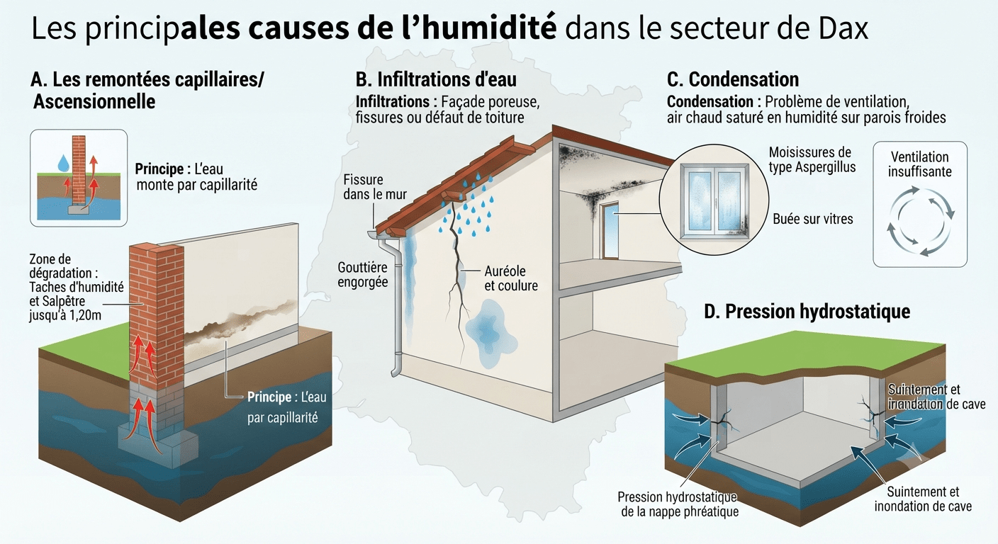 Les causes de l'humidité à Dax : Schéma des pathologies du bâtiment