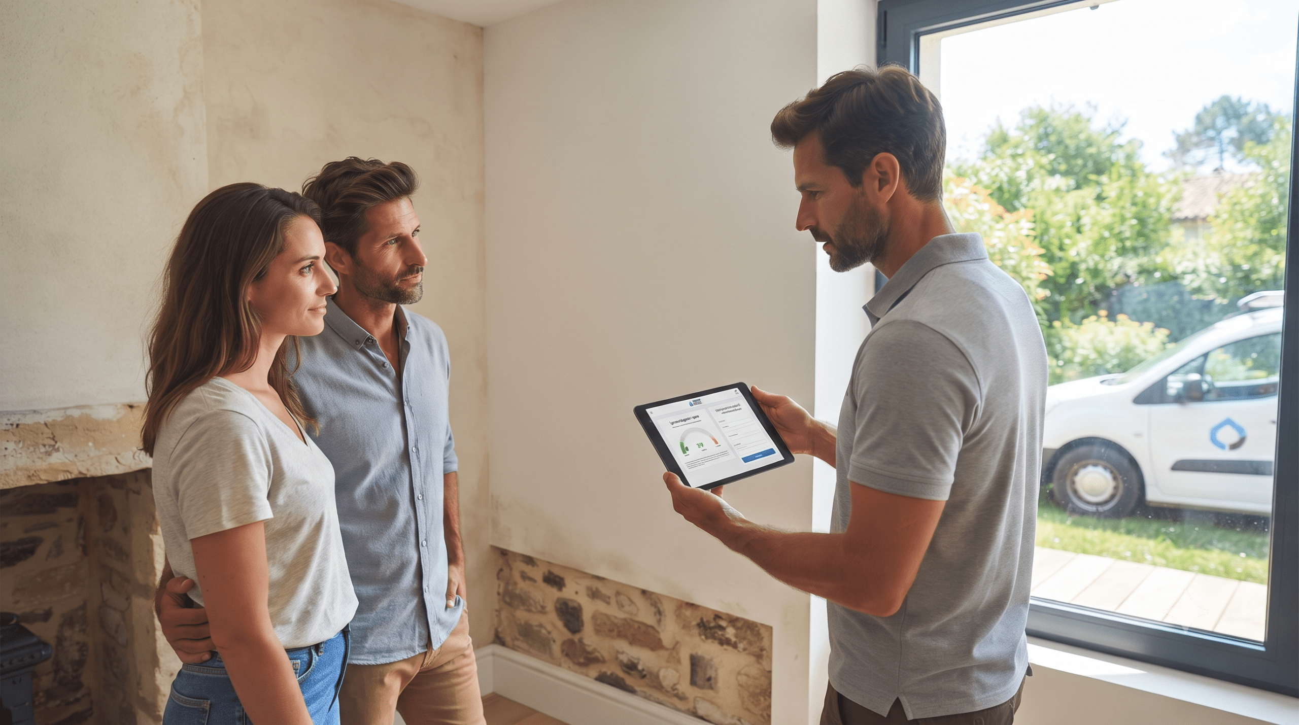 Expert présentant un diagnostic et un devis humidité sur tablette à des clients dans une maison rénovée