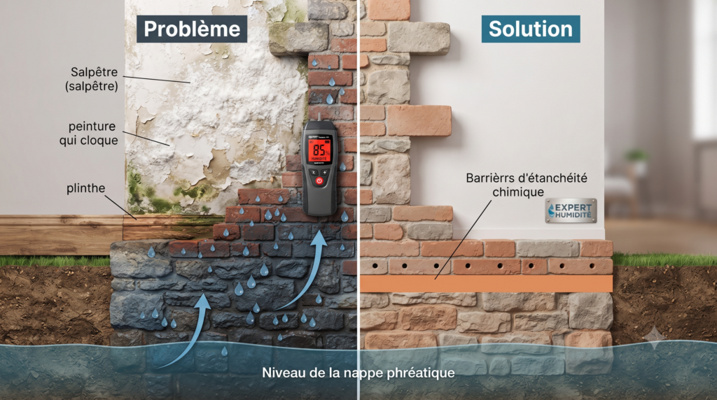 Coupe technique détaillée montrant le problème des remontées capillaires avec salpêtre et humidité, et la solution par barrière d'étanchéité chimique.