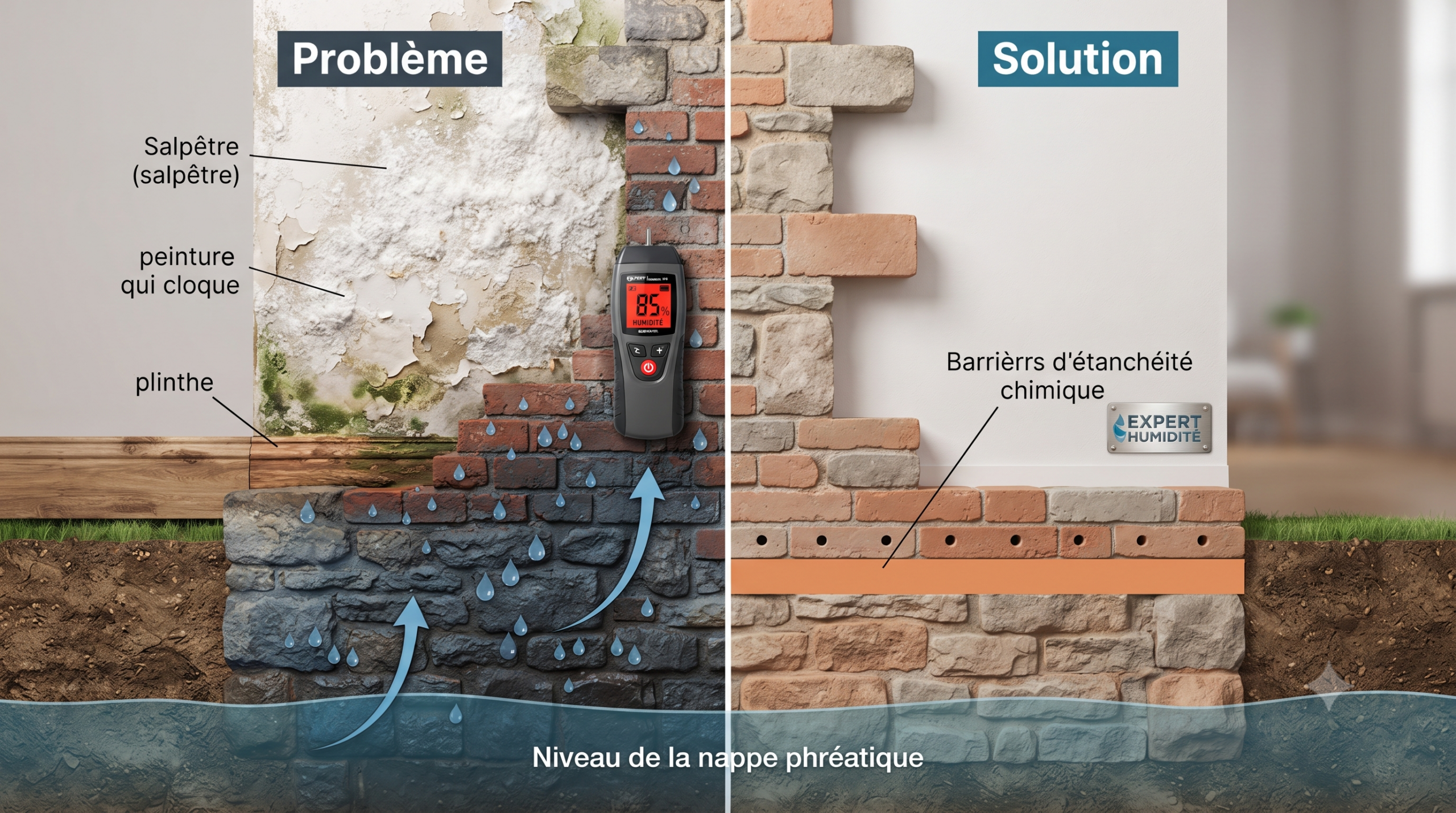 Coupe technique détaillée montrant le problème des remontées capillaires avec salpêtre et humidité, et la solution par barrière d'étanchéité chimique.
