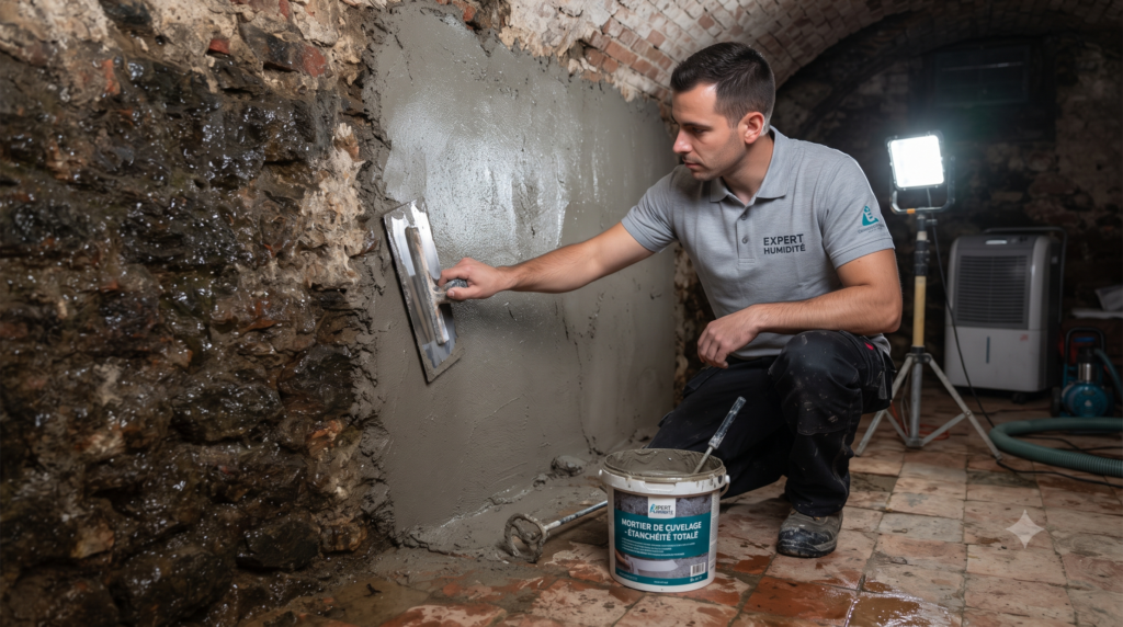 Étanchéité Cave Humide : Technicien réalisant un cuvelage et l'application d'un enduit d'imperméabilisation sur un mur de cave enterré pour stopper les infiltrations d'eau.