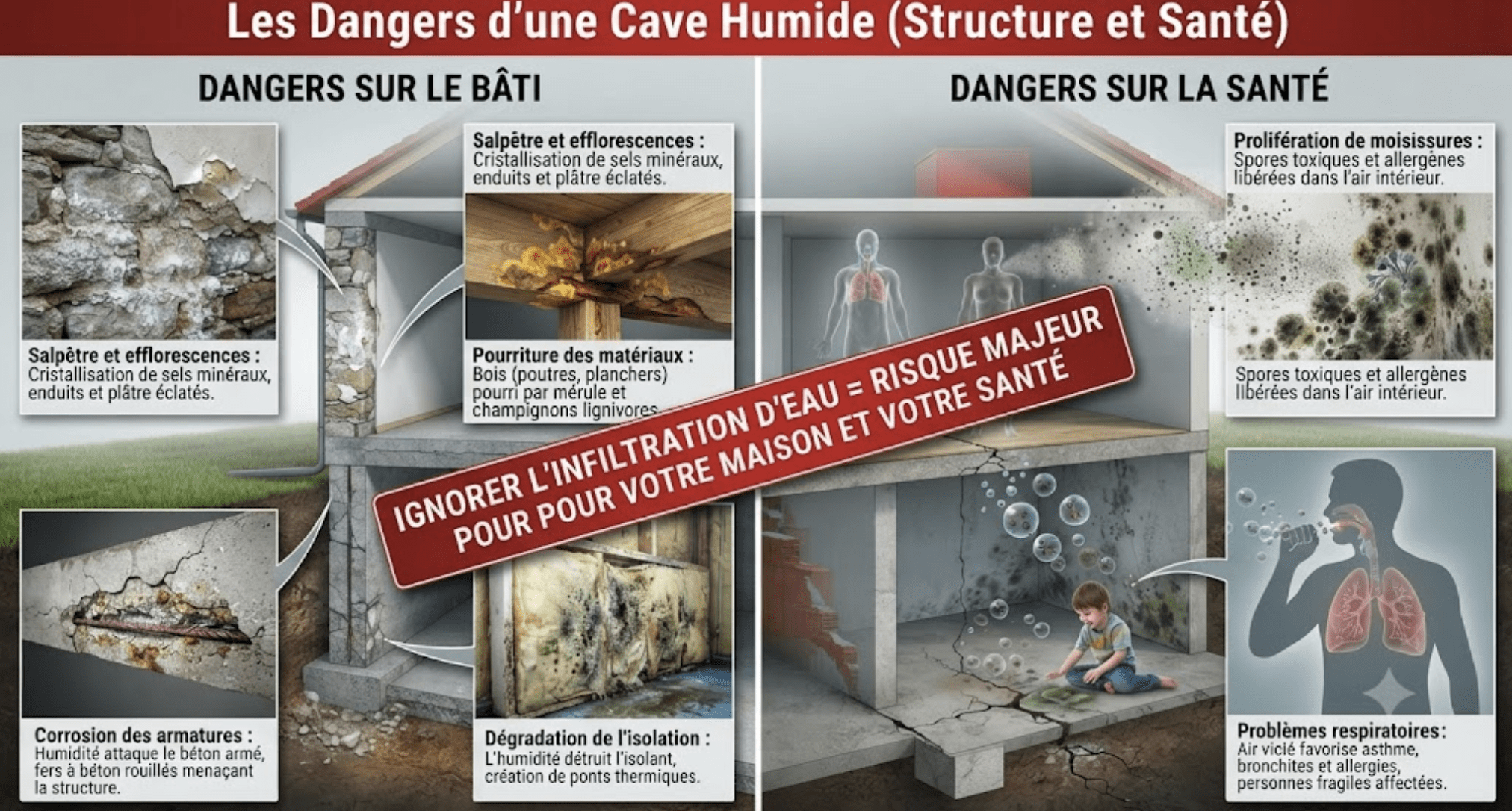 Infographie détaillée montrant les dangers d'une cave humide sur la structure de la maison (salpêtre, pourriture, corrosion) et sur la santé (moisissures, problèmes respiratoires).
