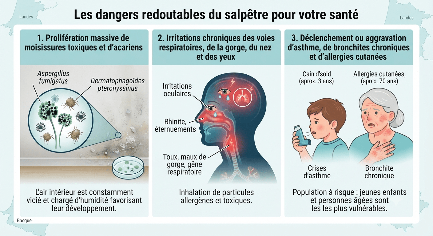 Infographie médicale en trois points illustrant les dangers du salpêtre pour la santé : prolifération de moisissures, irritations respiratoires, et aggravation d'asthme et d'allergies chez les personnes vulnérables.