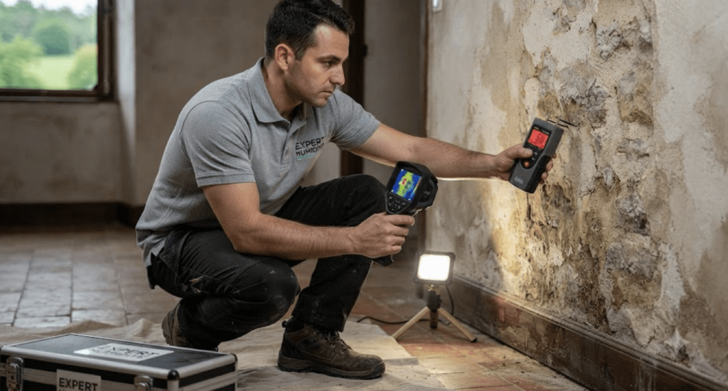 Diagnostic Humidité : Technicien d'Expert Humidité utilisant un humidimètre et une caméra thermique sur un mur ancien pour un audit professionnel.