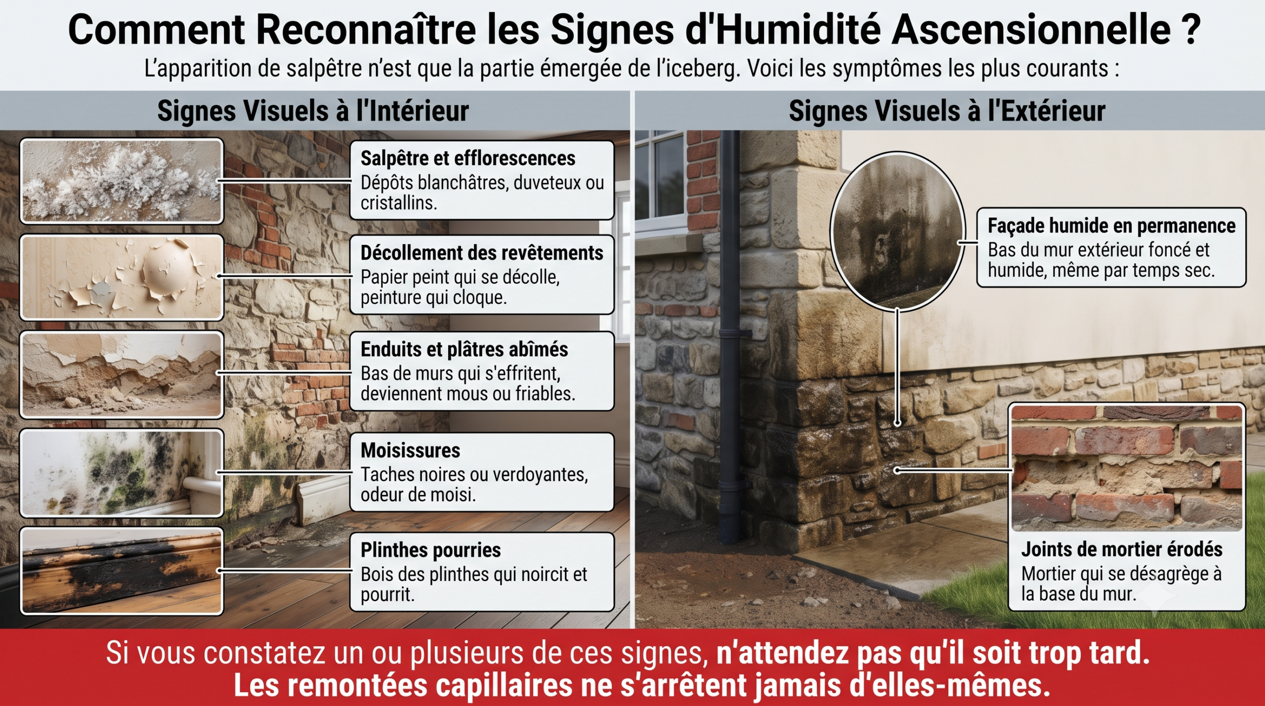 Infographie détaillée montrant les signes visuels des remontées capillaires à l'intérieur (salpêtre, moisissures, plinthes pourries) et à l'extérieur (façade humide, mortier érodé).