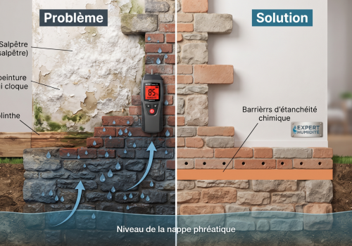 Coupe technique détaillée montrant le problème des remontées capillaires avec salpêtre et humidité, et la solution par barrière d'étanchéité chimique.
