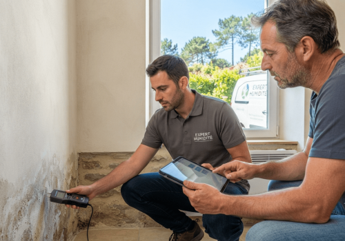 Diagnostic Humidité à Dax (40) Expert en bâtiment utilisant un humidimètre sur un mur humide à Dax pour un diagnostic