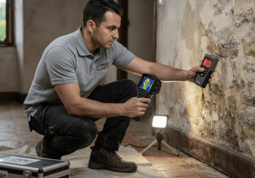 Diagnostic Humidité : Technicien d'Expert Humidité utilisant un humidimètre et une caméra thermique sur un mur ancien pour un audit professionnel.