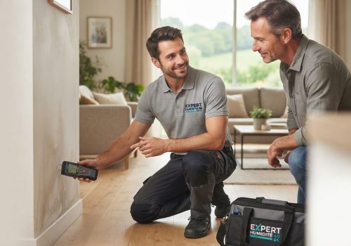 Diagnostic Humidité Bayonne : Un technicien d'Expert Humidité 40 64 effectue un diagnostic d'humidité sur un mur avec un humidimètre sous le regard du client