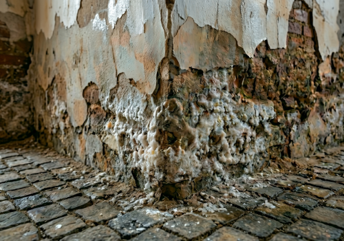 Problèmes d'Humidité à Dax : Close-up sur un coin de mur intérieur ancien dont le plâtre pèle, révélant une maçonnerie en brique et pierre couverte d'un cluster d'efflorescences blanches (salpêtre) et de moisissures claires. Le sol est pavé de cobblestones vieillis.