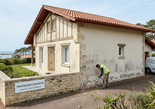 Traitement humidité Capbreton Intervention d'un technicien pour le traitement des remontées capillaires sur une façade à Capbreton.