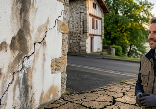 Traitement de l’humidité à Saint-Jean-de-Luz : Expert en humidité analysant des traces de salpêtre et une fissure sur une façade de maison basque à Saint-Jean-de-Luz, avec un sol argileux fissuré au premier plan.